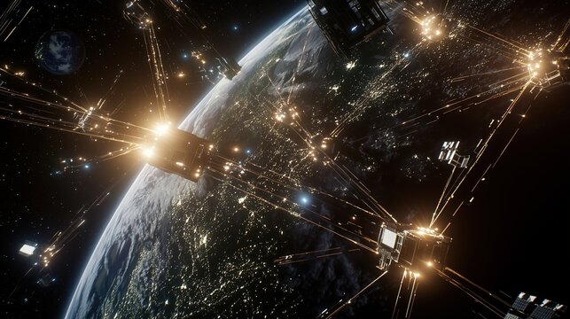 A network of satellites orbiting a planet, connected by bright, pulsating light lines, illustrating a vast space communication system