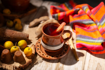 Mexican Christmas fruit punch. In Mexico it's called Ponche, is a hot fruit-infused drink, traditionally consumed in the December season during posadas party and Christmas Eve.