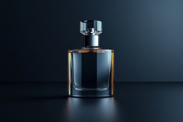 Elegant glass perfume bottle on a dark surface illuminated by soft lighting