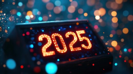 Midnight sky with a glowing "2025" countdown clock, stars twinkling in the background with a festive vibe.