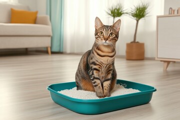 Adorable grey tabby cat sitting inside a litter box. Pet care. Domestic striped Cat looking at litterbox in a living room. Hygiene for pets. Feline wants to go to the toilet. Accustoming to the toilet