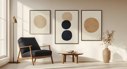 A modern minimalist interior design style with wall art prints large geometric art frames. And the room has contemporary furniture and vases and includes an armchair, sofa and a small side table. 