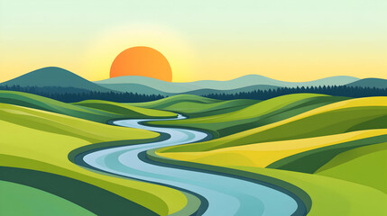 Obraz premium Scenic sunset over a rolling green valley with a winding river.