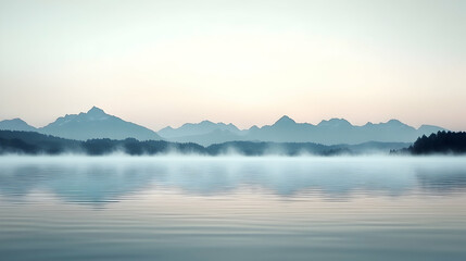 Fototapeta premium Serene morning mist over a tranquil lake with a mountain range in the distance.