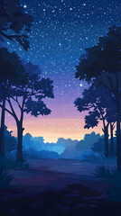 Silhouette of trees in a forest with a starry sky at night.