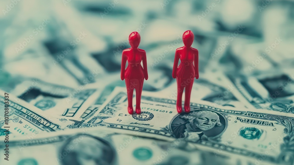 Aufkleber two red figures stand on a pile of money, symbolizing financial concepts and relationships.