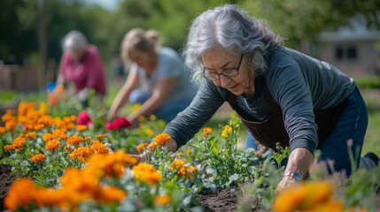 Fototapeta premium A group of elderly women cultivates a colorful flower bed in a community garden. They enjoy the sunny afternoon while planting vibrant marigolds and other flowers.