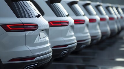 Fototapeta premium Back view many modern new SUV cars fleet stock at dealership parking lot. Automobile market production factory industry warehouse. Auto salvage buy and sell auction purchase seller platform