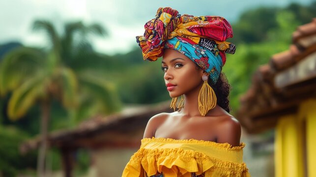Hispanic heritage celebrated by Afro-Latina woman in traditional baro dress, countryside Puerto Rican setting.