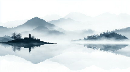 A solitary figure gazing at a misty mountain landscape, symbolizing inner reflection, philosophy, japan style