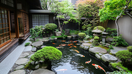 A Zen garden pond with koi fish swimming calmly, surrounded by bamboo, philosophy, japan style