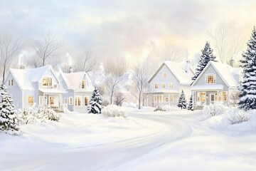 Cozy winter landscape with snow-covered houses and warm lights for a festive postcard