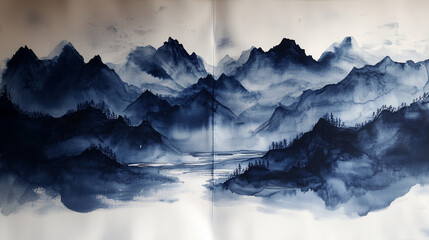 Ink painting of mountains and rivers, with a quote about impermanence, philosophy, japan style