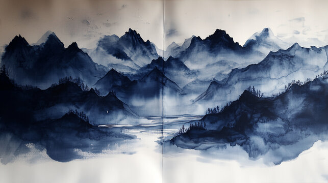 Ink painting of mountains and rivers, with a quote about impermanence, philosophy, japan style