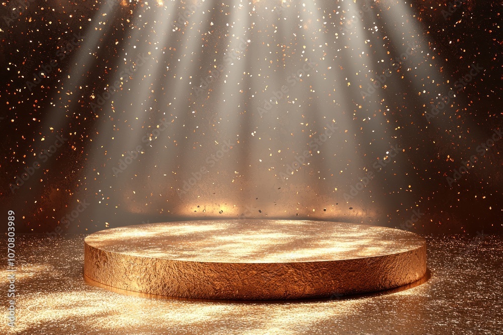 Poster golden platform with light rays and confetti