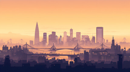 Naklejka premium A silhouette of a city skyline with a bridge in the foreground, at sunset.