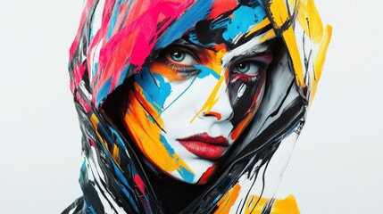 Hooded figure in bright abstract lines, expressive face with contemporary design on white.