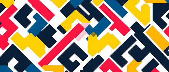 Abstract geometric pattern with red, yellow, blue, and black shapes.
