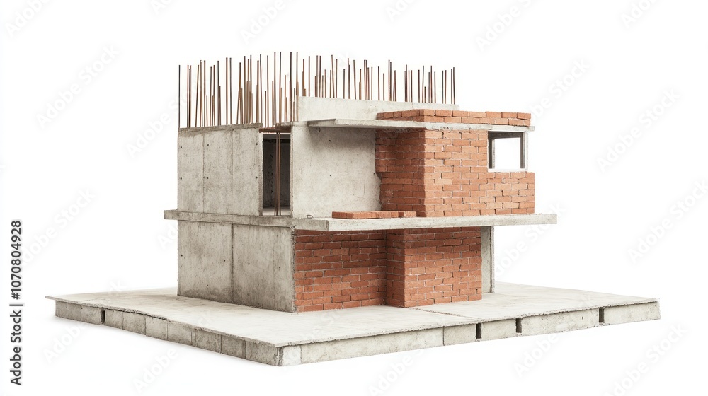 Poster House construction bricklaying in process, with cement and bricks, isolated on a white background.