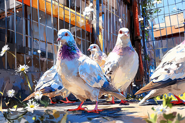 Lawn pigeons in tiny hats enjoy a cheerful picnic on a sunny afternoon, surrounded by daisies and clover