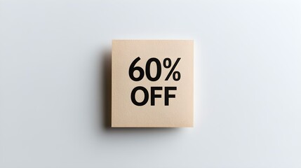 Black '60% OFF' Text on a Light Brown Square Paper Note. White Background with Copy Space