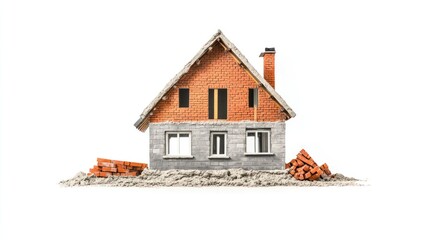 House construction bricklaying in process, with cement and bricks, isolated on a white background.