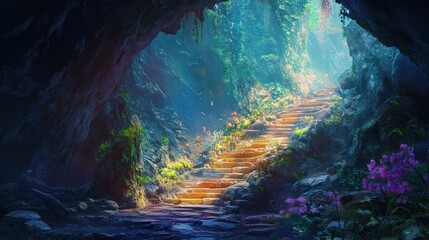 Obraz premium Illuminated cave path, showcasing a beautiful landscape of limestone formations and hidden details.