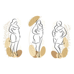 Collection. Silhouette of a female figure and plant leaves. The girl is standing. The lady is full of beauty and sexuality. The girl is overweight vector illustration set.