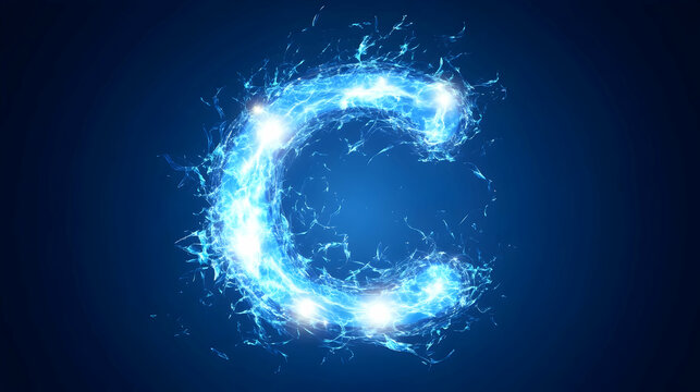 A luminous blue letter C composed of energy sparks, set against a dark blue background.