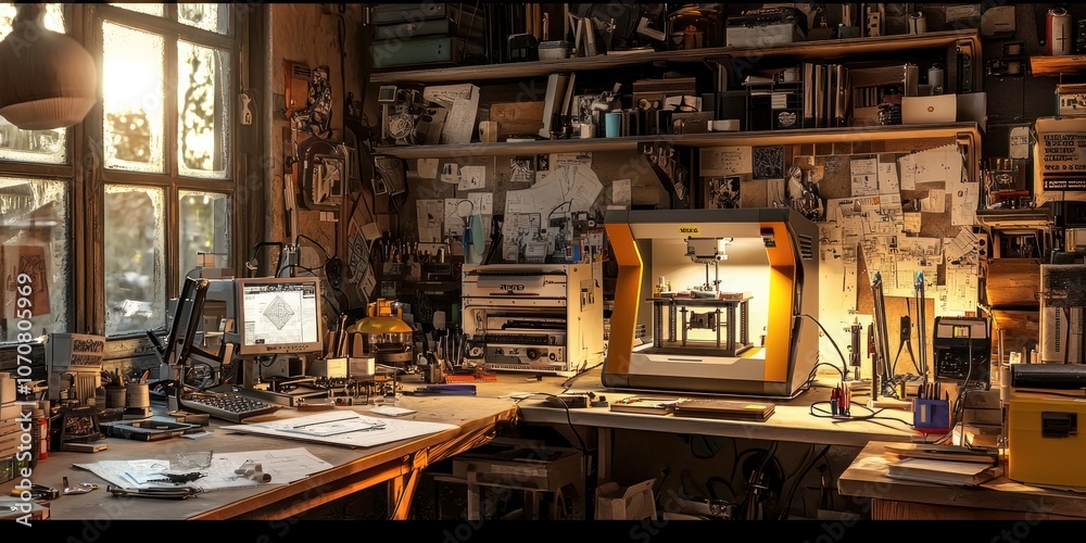 Aufkleber a cluttered workspace with a 3d printer, computer, and blueprints