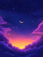 Fototapeta premium A captivating cartoon illustration of a night sky adorned with a crescent moon and a myriad of twinkling stars, all framed by wispy purple clouds.