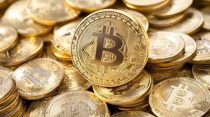 Close-up of a Pile of Shiny Gold Bitcoin Coins