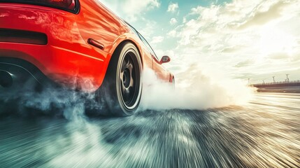 Black sports car drifting leaving smoke behind at high speed