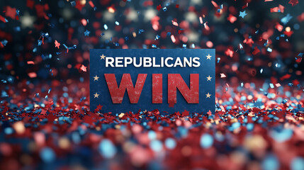 "REPUBLICANS WIN" banner in bold, over a confetti-filled patriotic background.