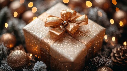 Festive Christmas Gift Under Glowing Tree - Celebrate Holiday Magic with Elegant Golden Ribbon Wrapped Present