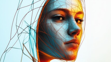 Minimalist abstract face of person in hoodie, featuring geometric lines and color on white.