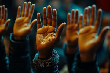 "VOICE" in bold with a group of voters raising their hands, symbolizing empowerment through voting.