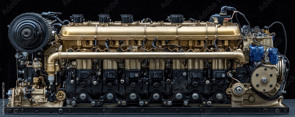 Poster close-up of a powerful gold-plated v8 engine