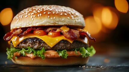 Juicy Cheeseburger Topped with Crispy Bacon and Lettuce