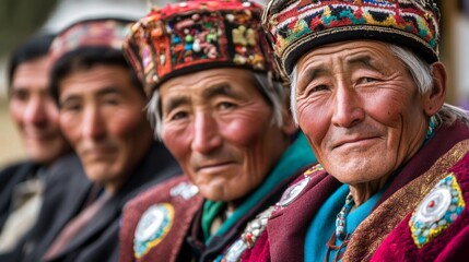 Fototapeta premium Ladakhi men and women in traditional attire, gathered for a cultural festival, showcasing the region's rich heritage
