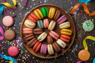 Colorful macarons with festive decorations