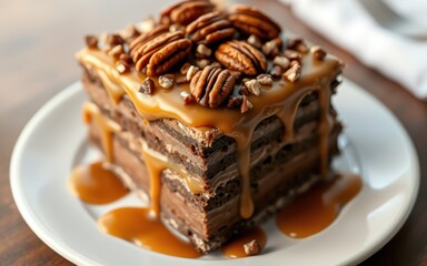 A close-up of a delicious chocolate cake topped with caramel and pecans, on a white plate