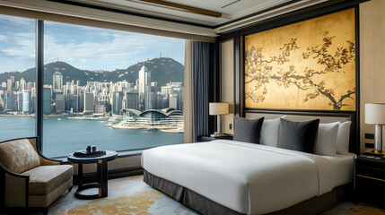 A luxurious hotel room with a king-size bed, a large window with a stunning view of the city skyline and harbor, and a comfortable armchair.