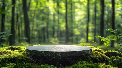 A circular stone platform rests atop a bed of moss in the forest