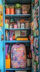 Naklejka premium A Colorful and Organized Locker Filled with Art Supplies and a Floral Backpack