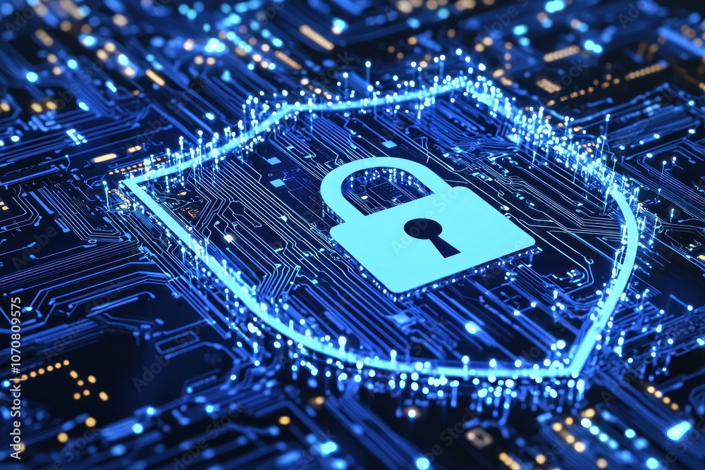 Poster cyber security shield with lock on circuit board