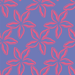 Seamless floral pattern, cute ditsy print with small pink flowers, leaves on purple background. Pretty botanical design for fabric, paper and other surfaces. Vector illustration.