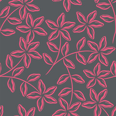 Seamless floral pattern, cute ditsy print with small pink flowers, leaves on purple background. Pretty botanical design for fabric, paper and other surfaces. Vector illustration.