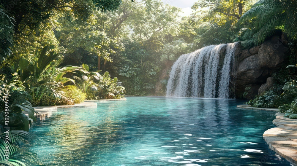 Poster tranquil swimming pool surrounded by lush greenery with a waterfall in the background