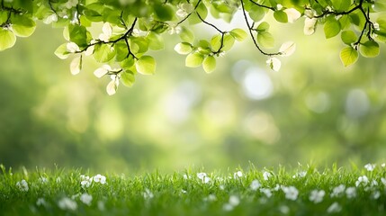 Obraz premium Green Leaves Over a Field of Grass and White Flowers. Copy space concept.